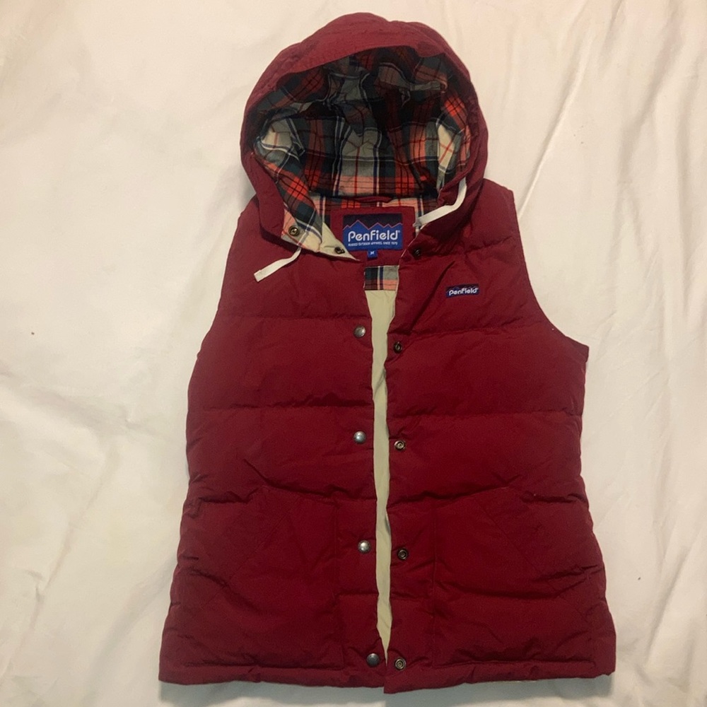 Penfield Red Hooded Puffer Vest with Plaid Lining